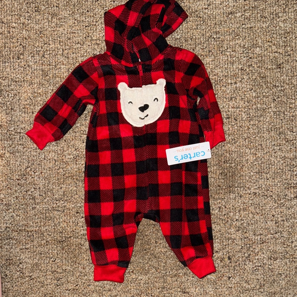 Carter's Red and Black Checkered Bear Footie